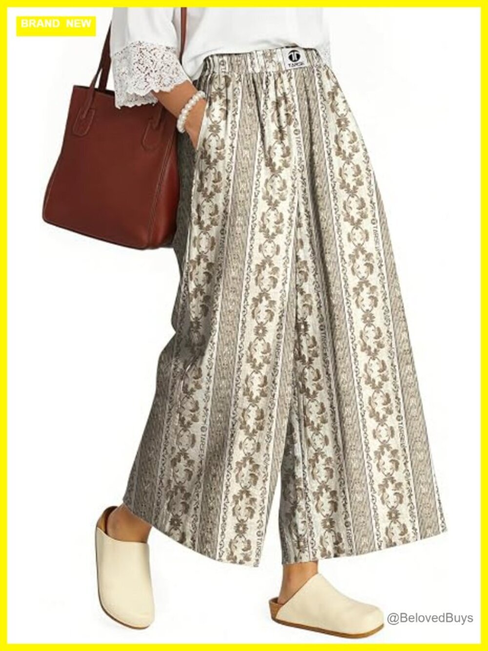 Wide Leg Linen Capri Pants Elastic Waist Palazzo Trousers with Pockets